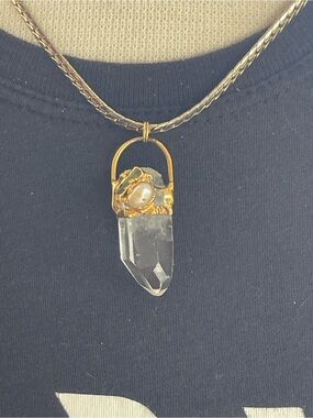 Gold Crystal Pendant Necklace with Pearl Accent - Women Jewelry